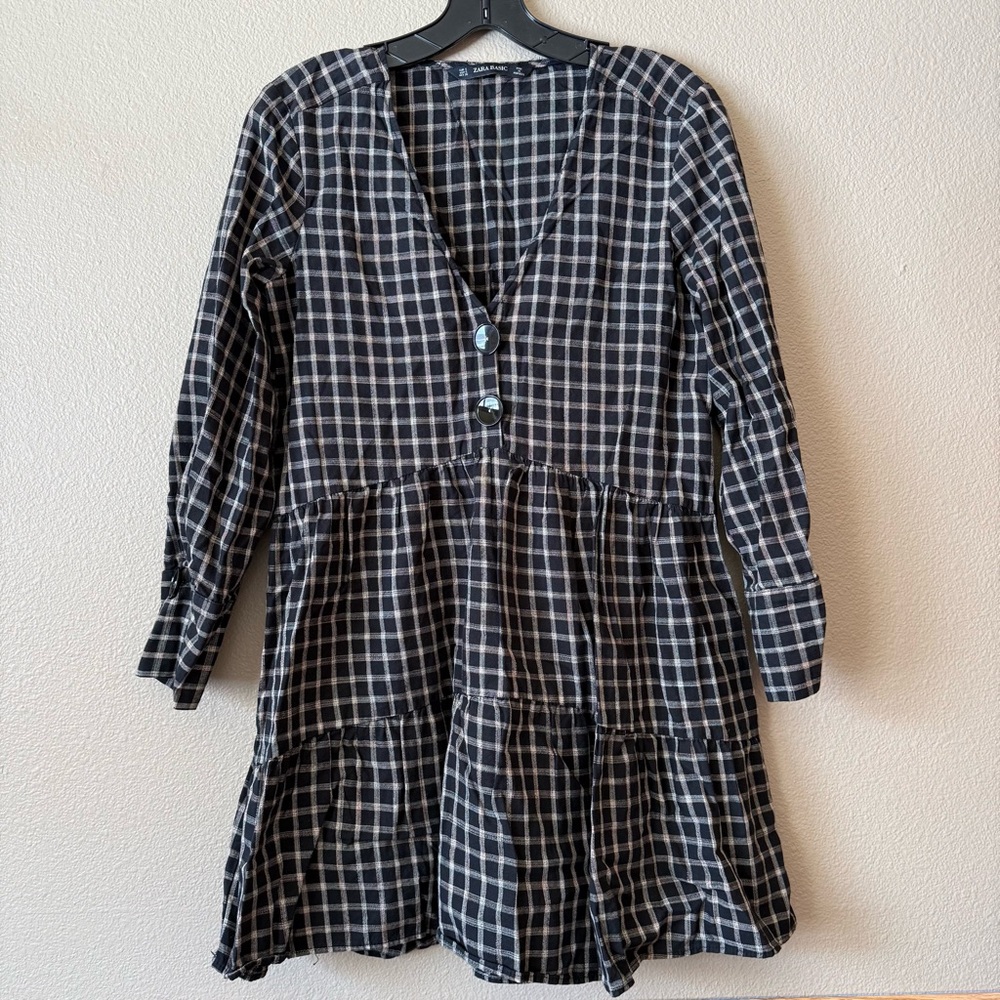 Zara Basic tiered long-sleeve mini dress in black and beige gingham plaid